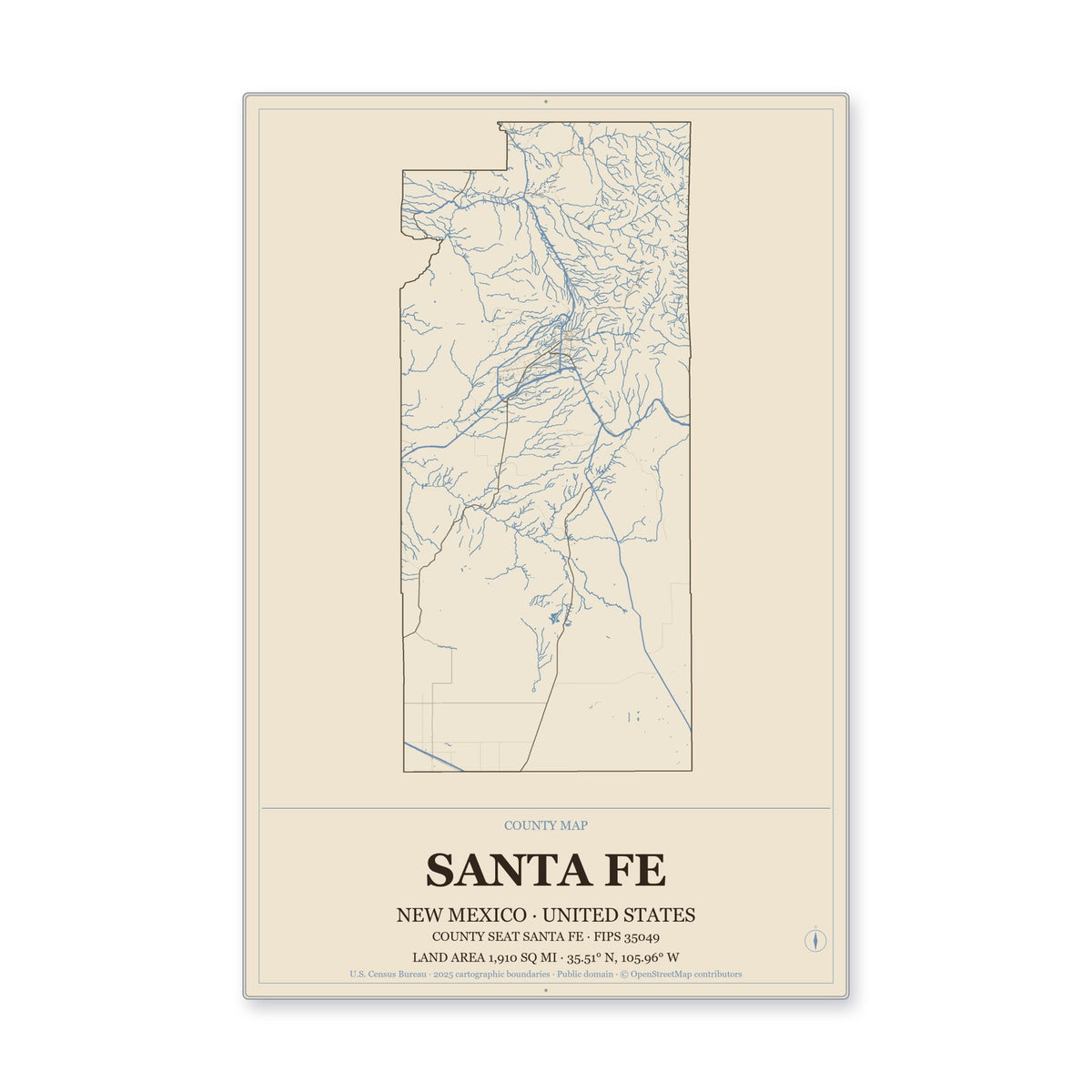 Santa Fe County, New Mexico Map Aluminum Sign in Heritage Nautical style