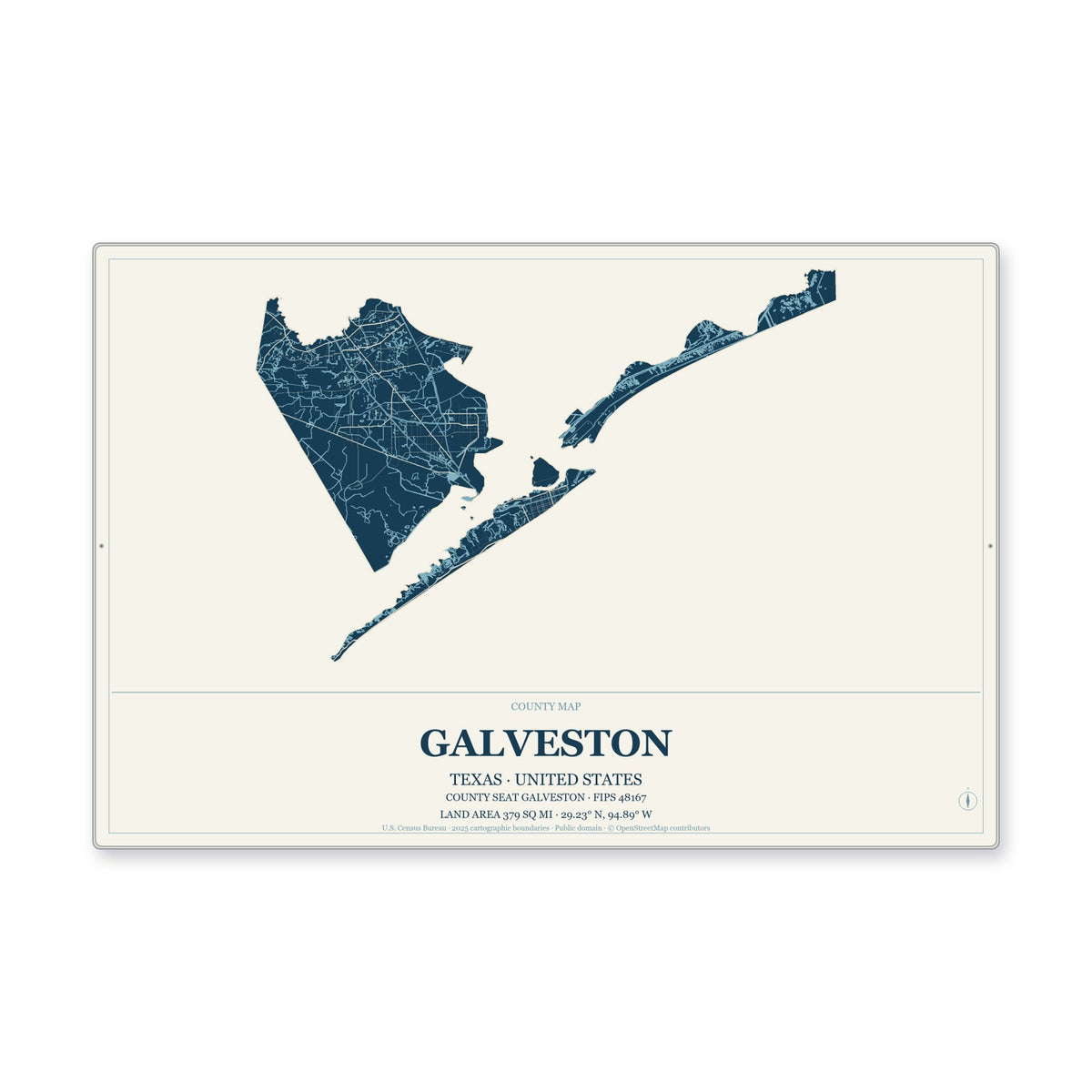 Galveston County, Texas Map Aluminum Sign in Coastal Cutout style