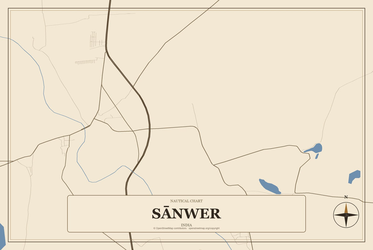 Sānwer, India City Map Aluminum Sign in Heritage Nautical style