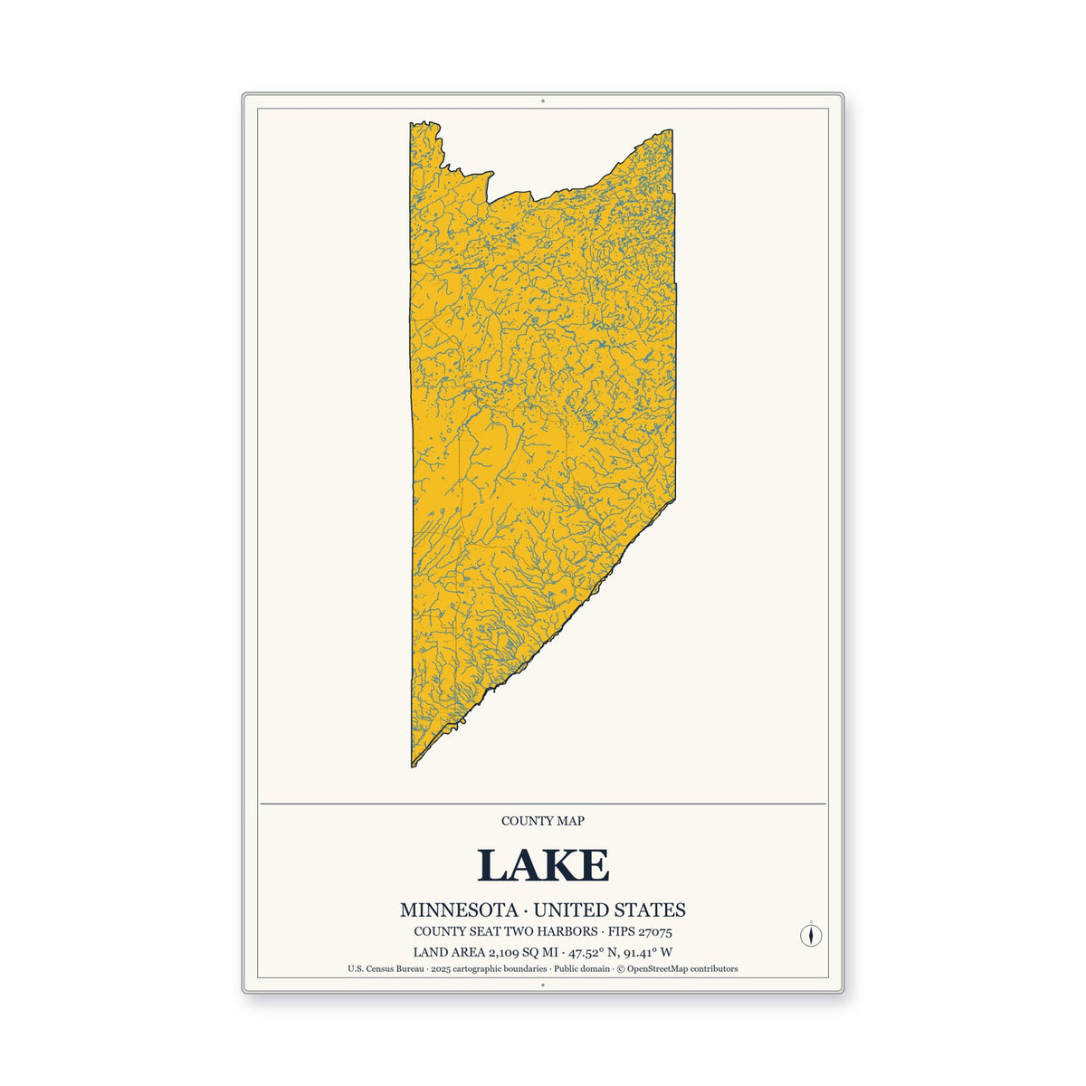 Lake County, Minnesota Map Aluminum Sign in Citrine Modern style