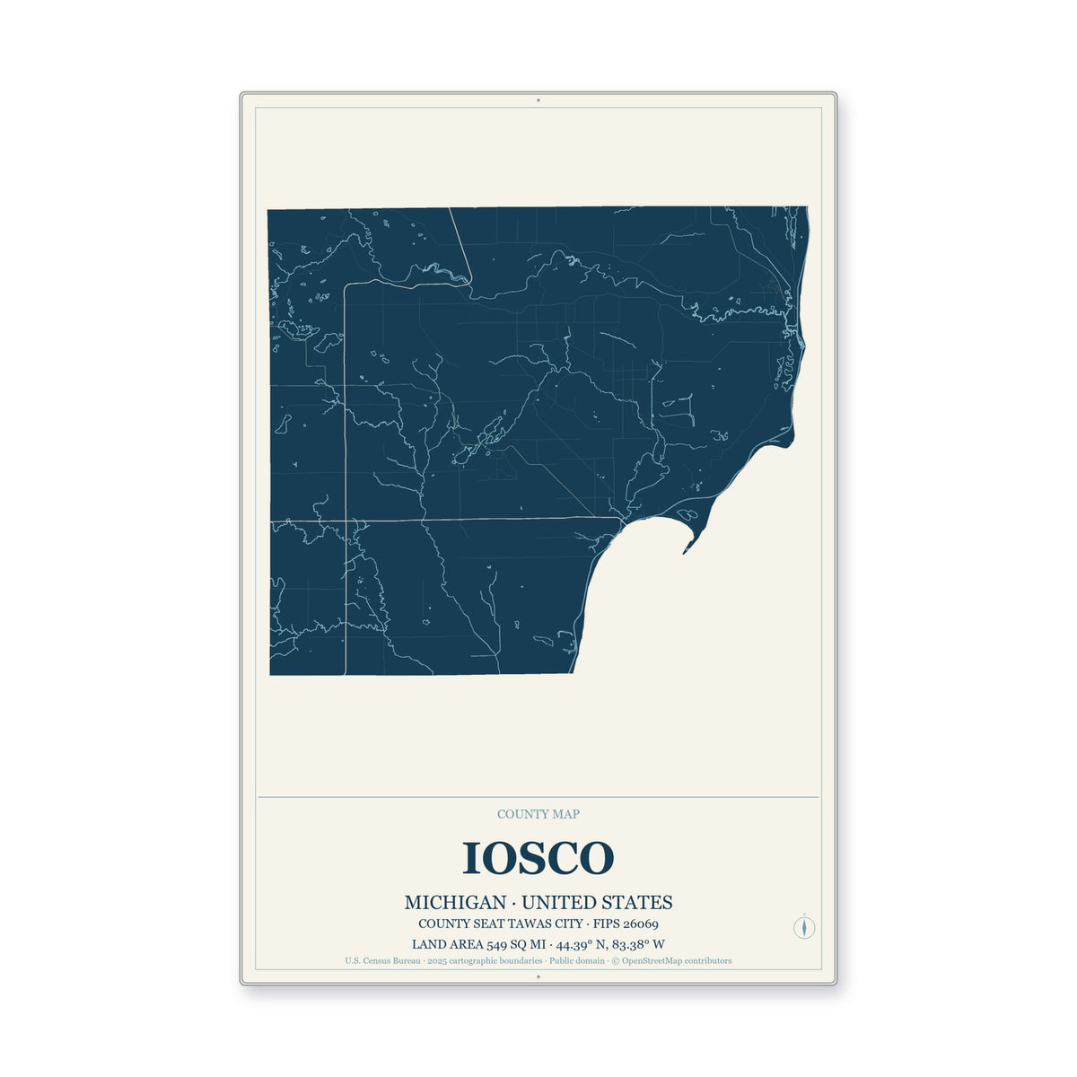 Iosco County, Michigan Map Aluminum Sign in Coastal Cutout style