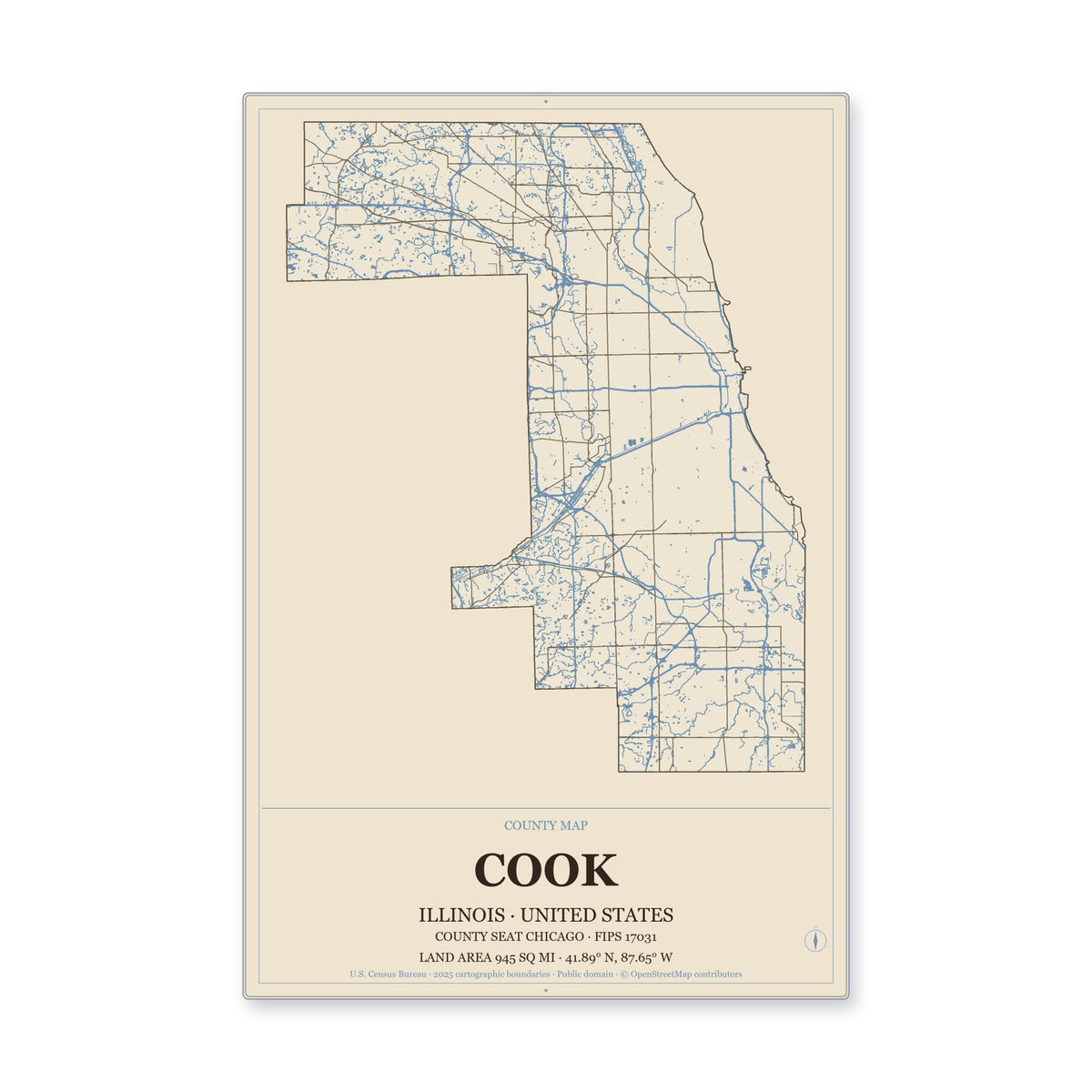 Cook County, Illinois Map Aluminum Sign in Heritage Nautical style
