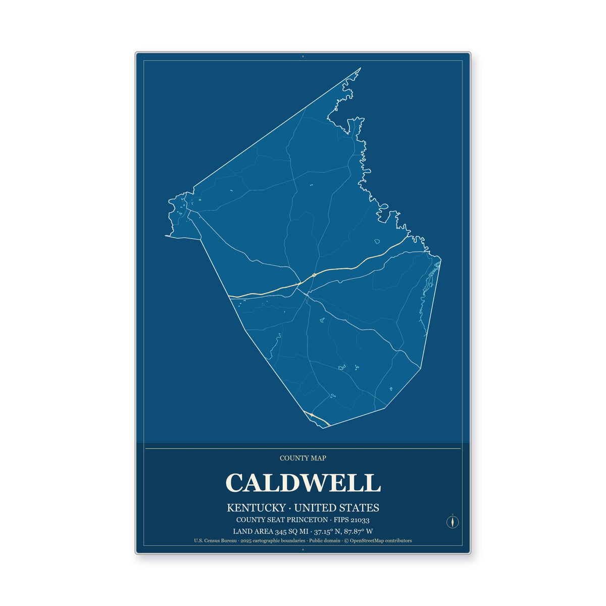Caldwell County, Kentucky Map Aluminum Sign in Harbor Cobalt style