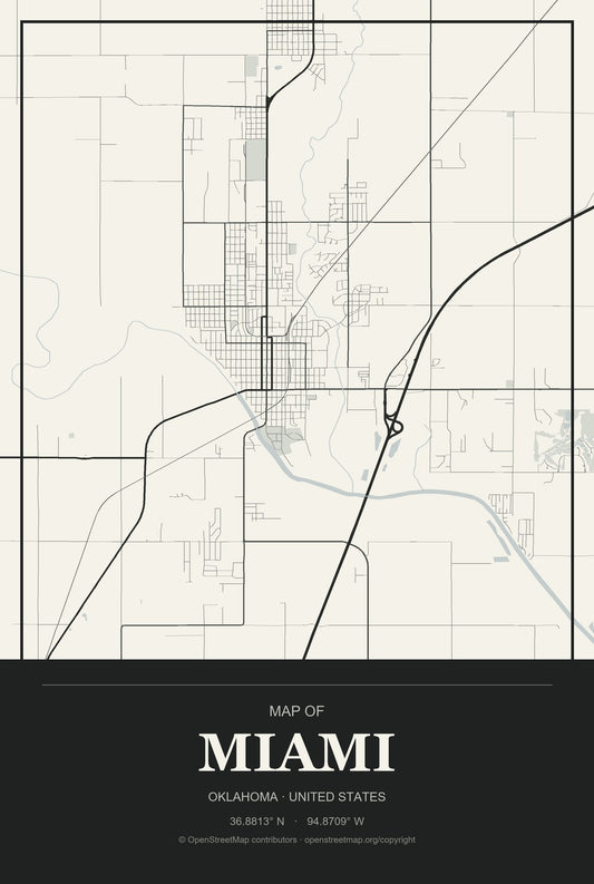 Miami, Oklahoma City Map Aluminum Sign in Museum Plaque style