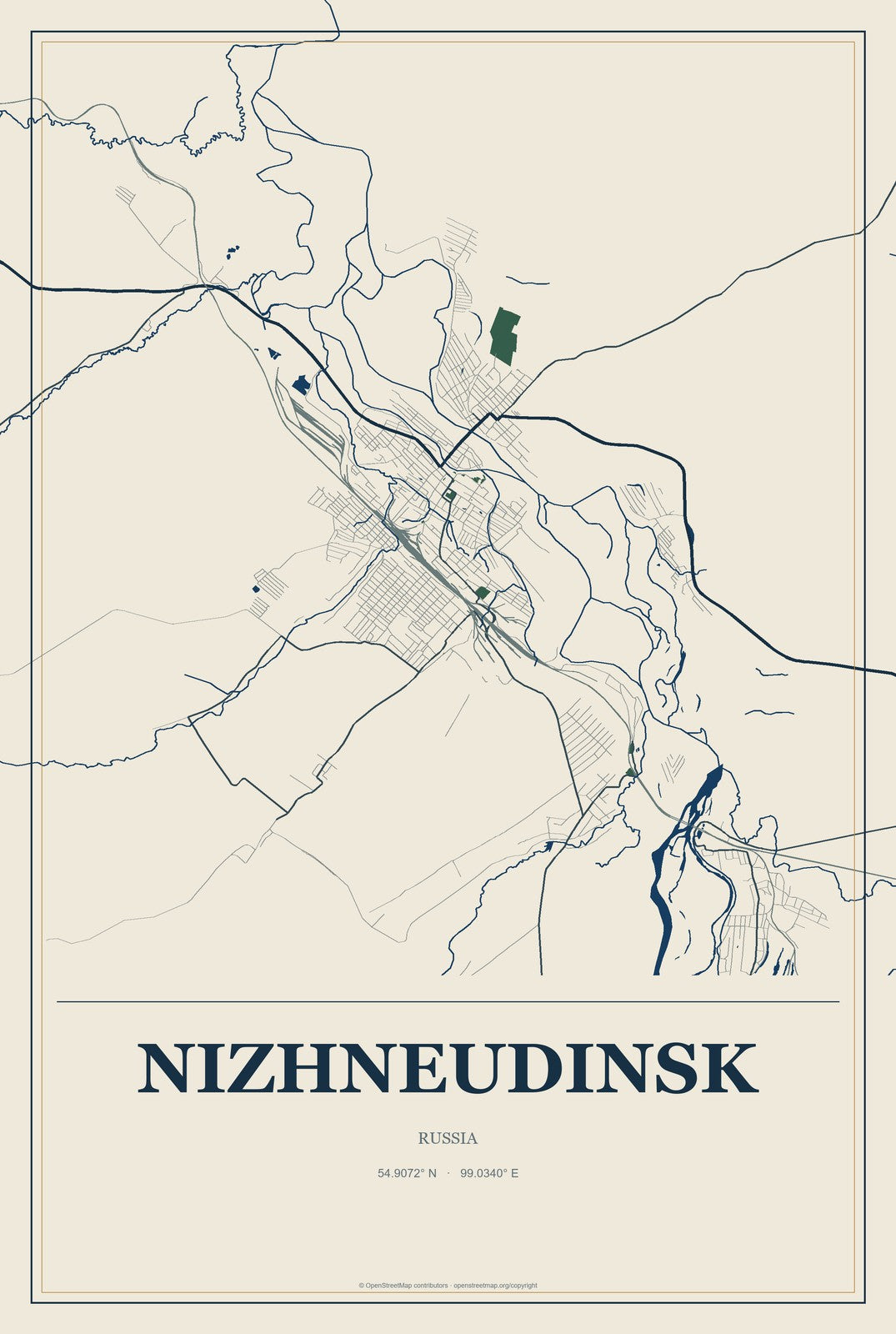 Nizhneudinsk, Russia City Map Aluminum Sign in Coastal Cutout style