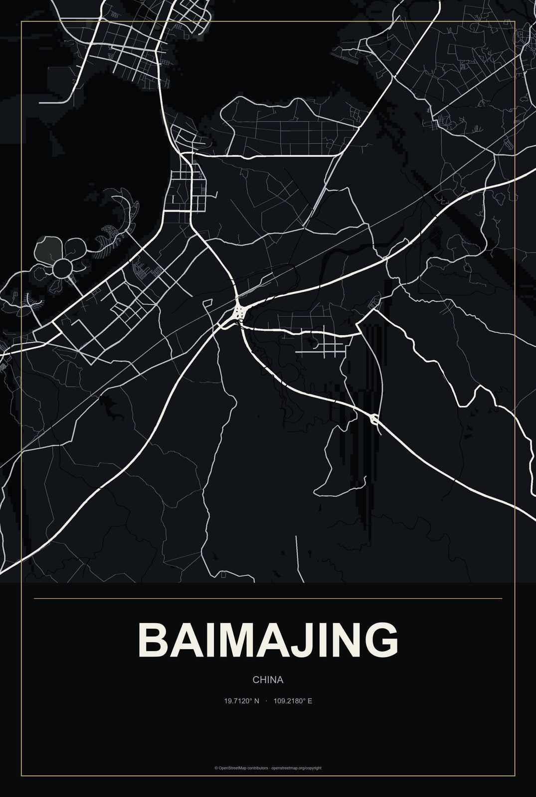 Baimajing, China City Map Aluminum Sign in Metropolitan Noir style