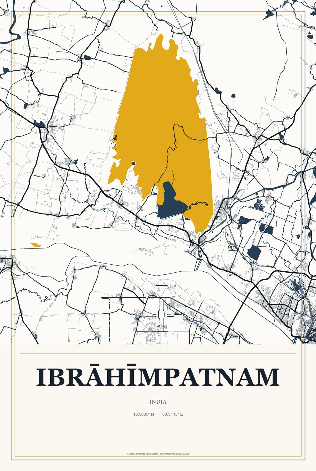 Ibrāhīmpatnam, India City Map Aluminum Sign in Citrine Modern style