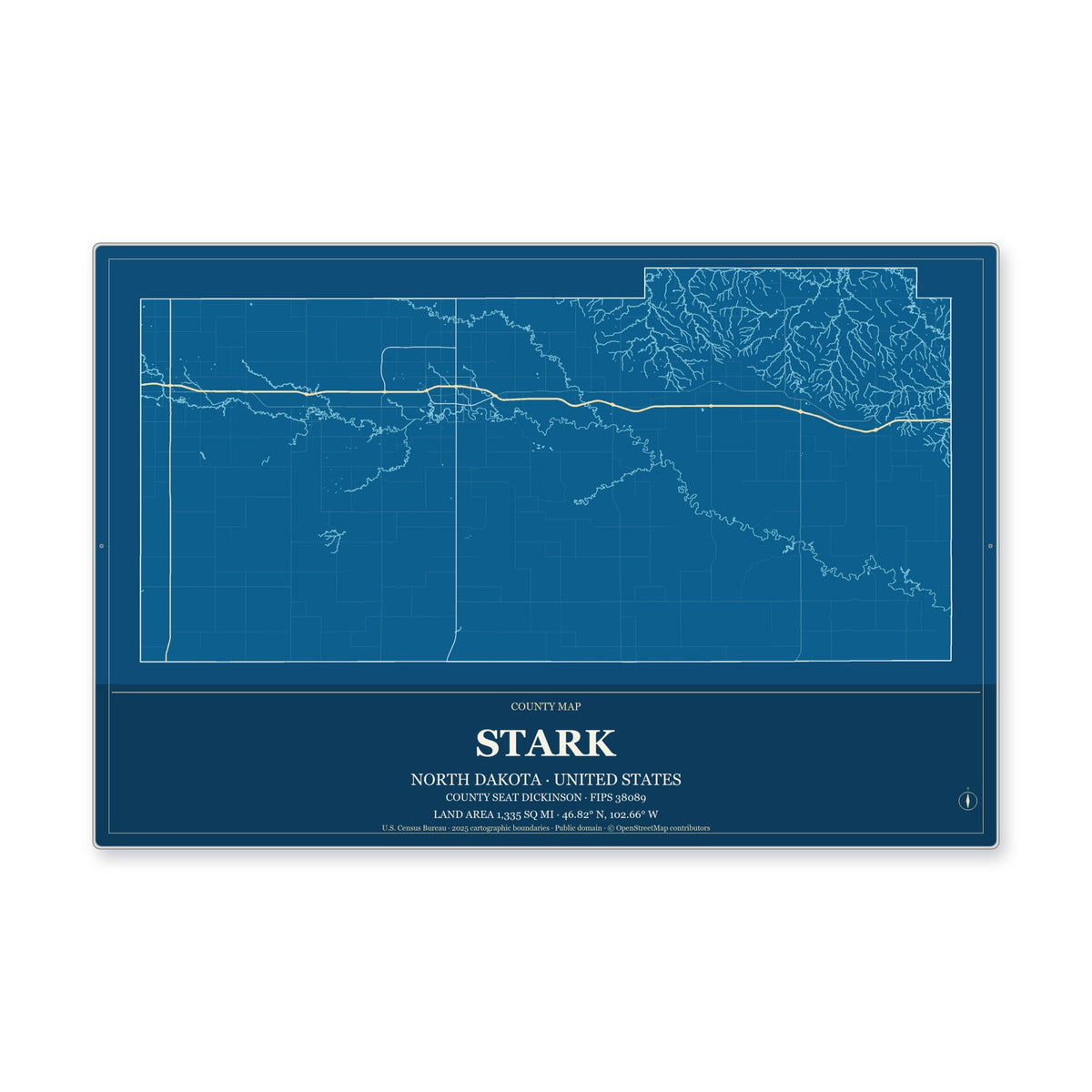 Stark County, North Dakota Map Aluminum Sign in Harbor Cobalt style
