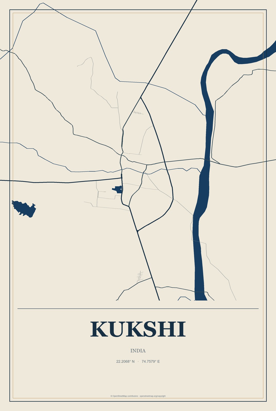 Kukshi, India City Map Aluminum Sign in Coastal Cutout style