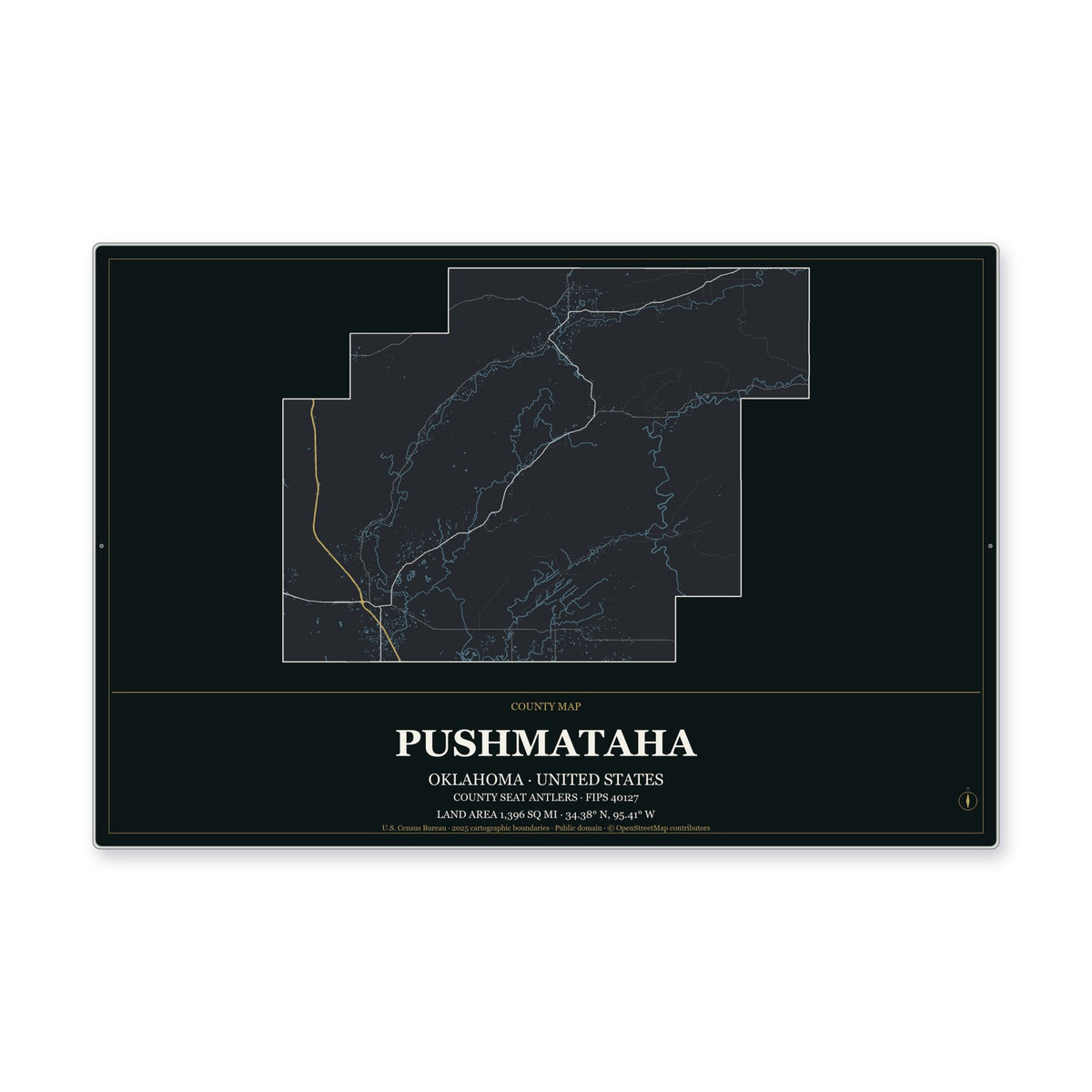 Pushmataha County, Oklahoma Map Aluminum Sign in Metropolitan Noir style