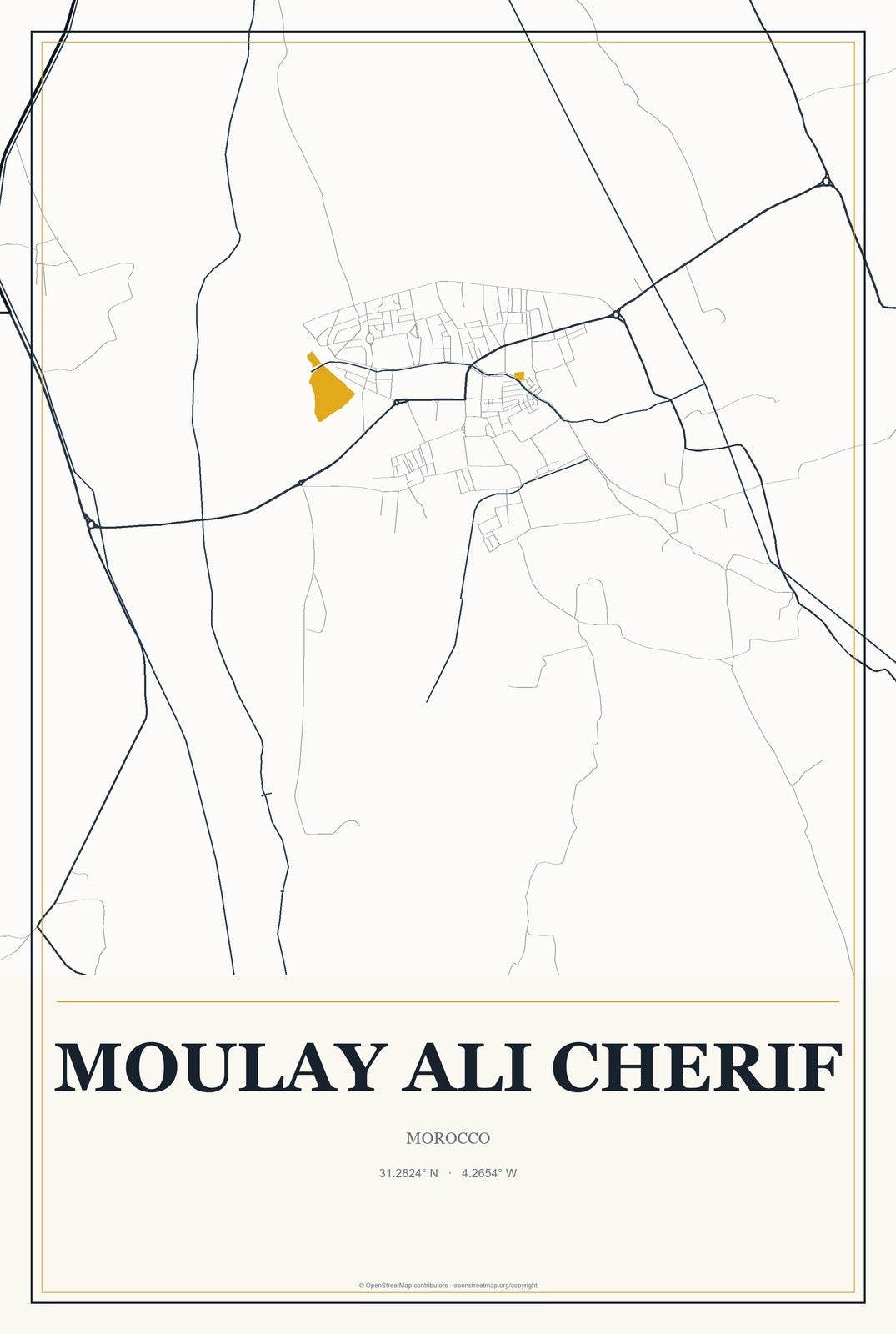 Moulay Ali Cherif, Morocco City Map Aluminum Sign in Citrine Modern style