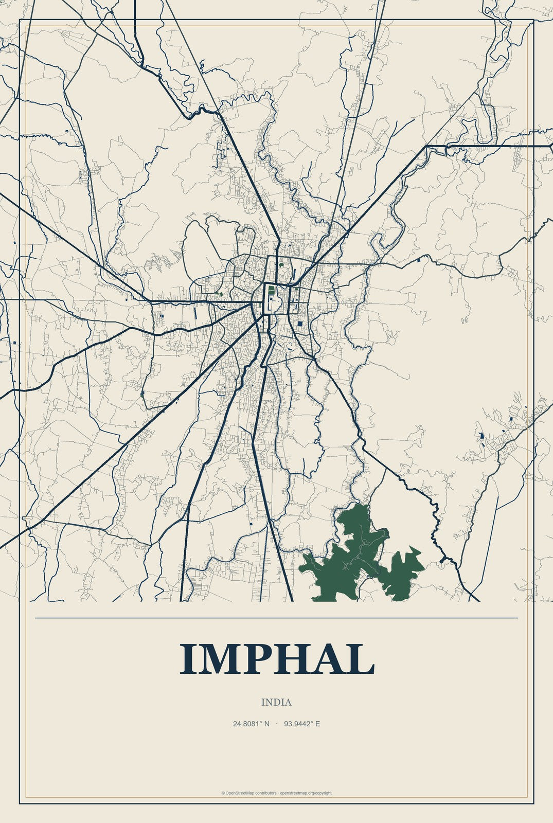 Imphal, India City Map Aluminum Sign in Coastal Cutout style