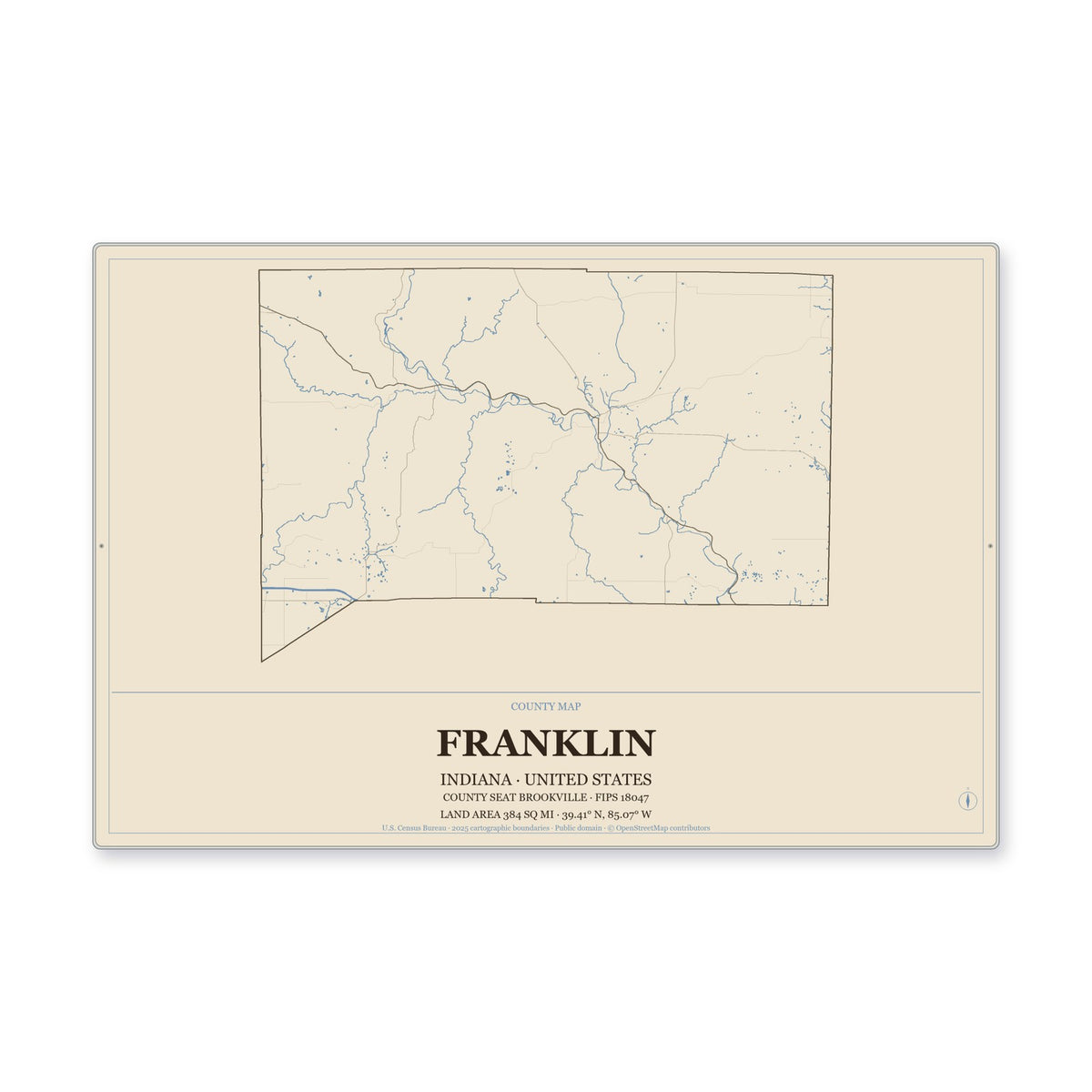 Franklin County, Indiana Map Aluminum Sign in Heritage Nautical style
