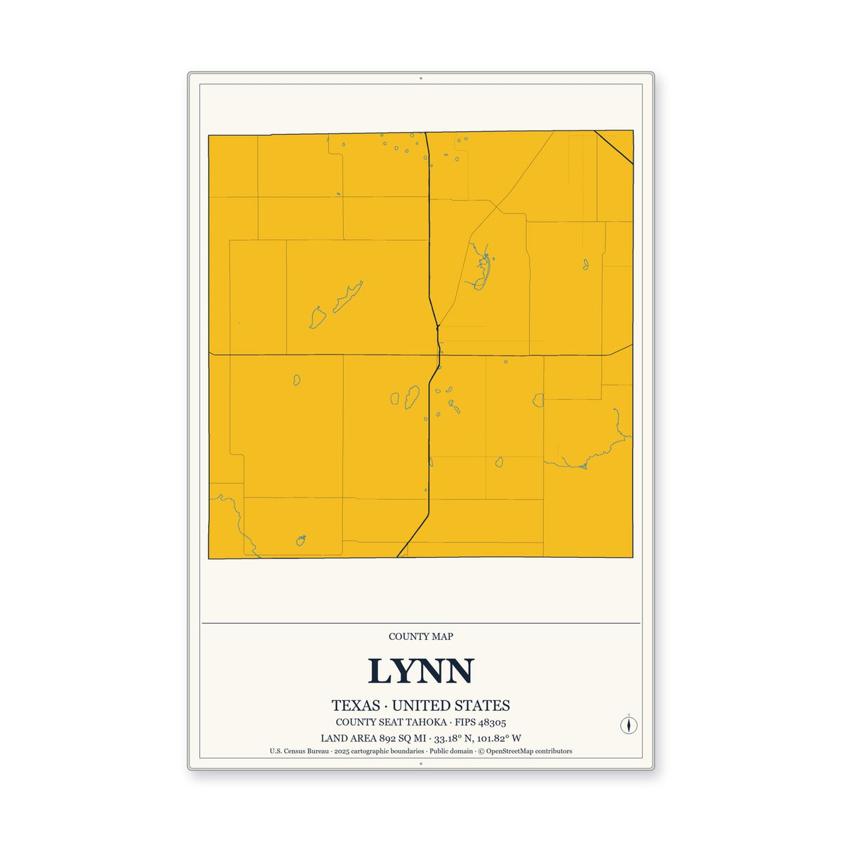 Lynn County, Texas Map Aluminum Sign in Citrine Modern style
