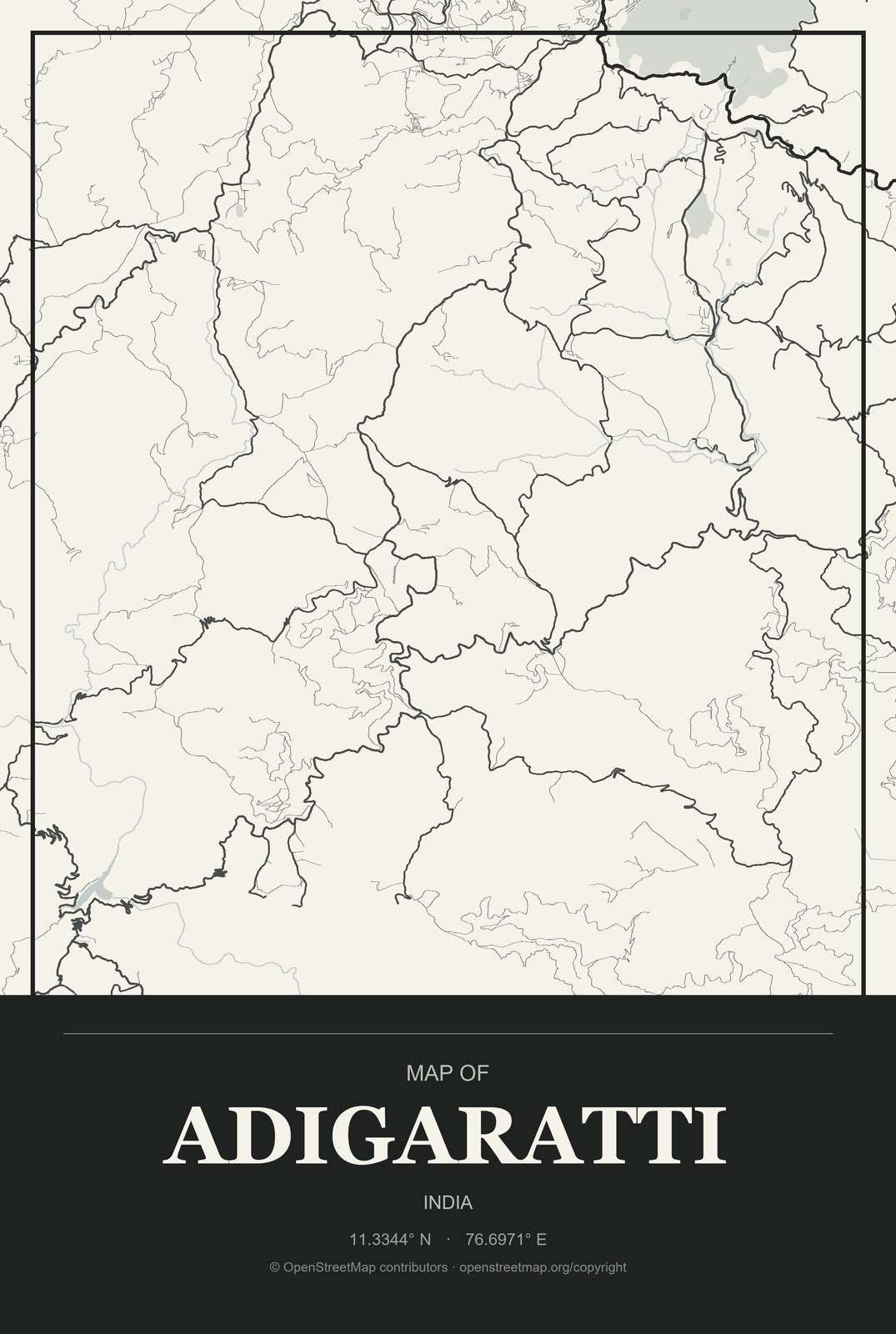 Adigaratti, India City Map Aluminum Sign in Museum Plaque style