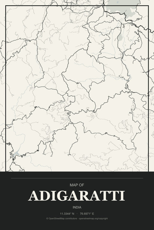 Adigaratti, India City Map Aluminum Sign in Museum Plaque style