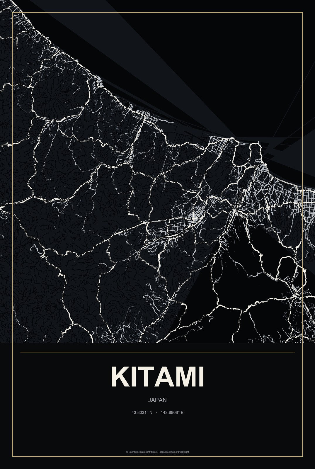 Kitami, Japan City Map Aluminum Sign in Metropolitan Noir style