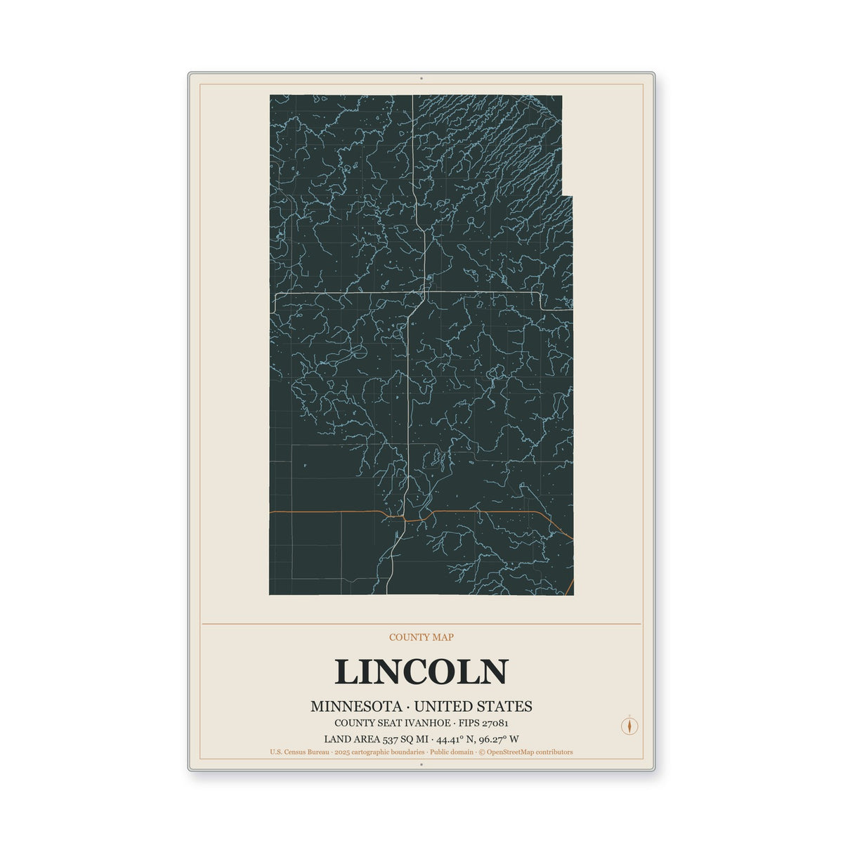 Lincoln County, Minnesota Map Aluminum Sign in Headline Atlas style