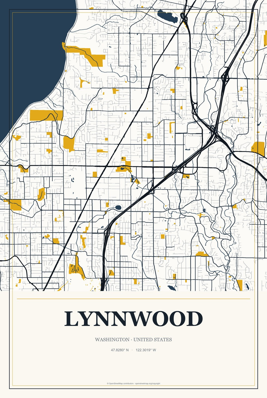 Lynnwood, Washington City Map Aluminum Sign in Citrine Modern style