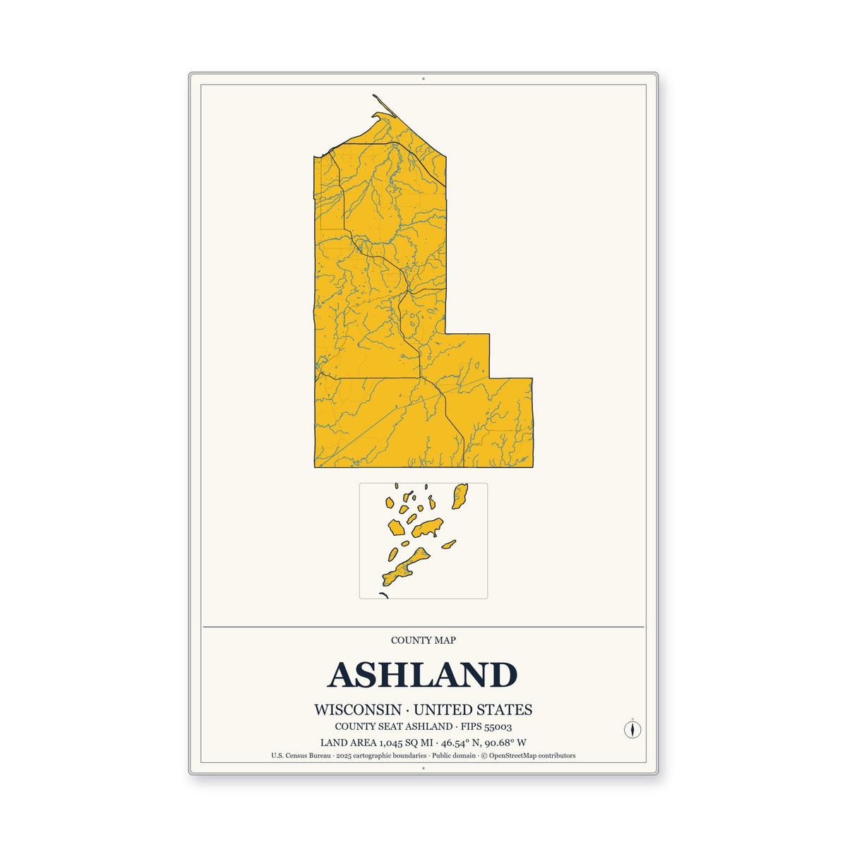Ashland County, Wisconsin Map Aluminum Sign in Citrine Modern style
