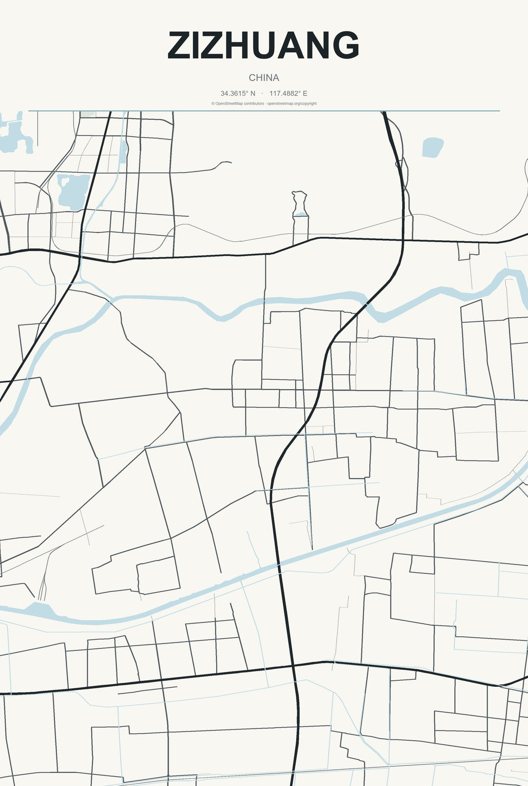 Zizhuang, China City Map Aluminum Sign in Headline Atlas style