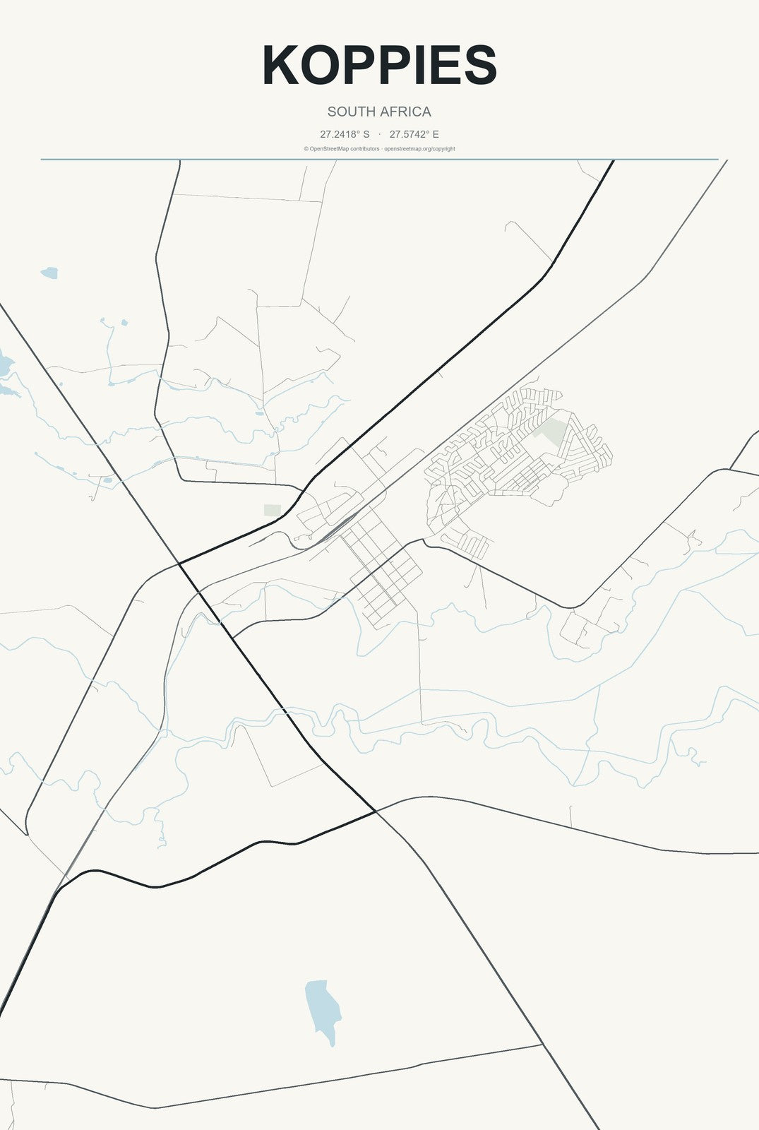 Koppies, South Africa City Map Aluminum Sign in Headline Atlas style