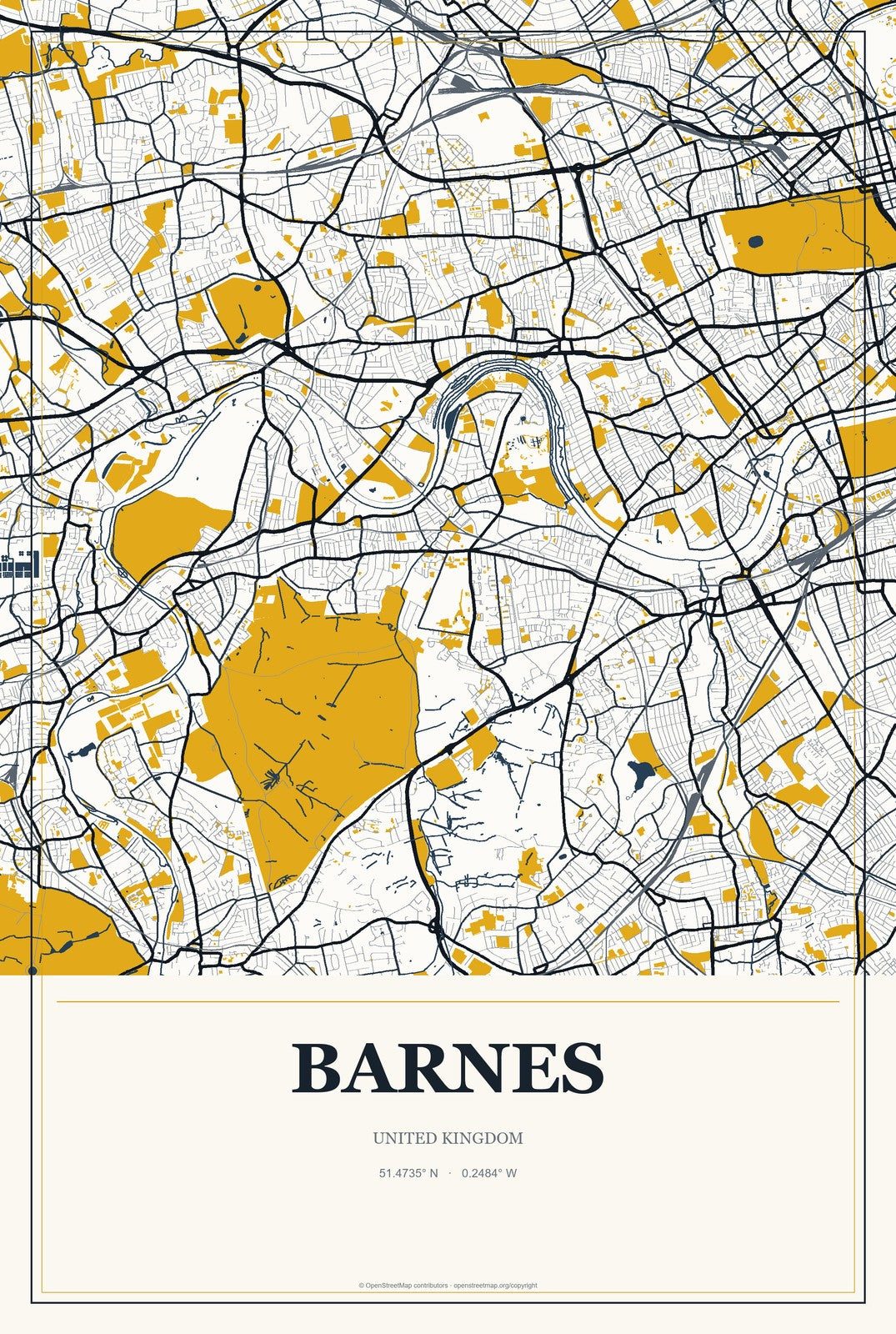 Barnes, United Kingdom City Map Aluminum Sign in Citrine Modern style
