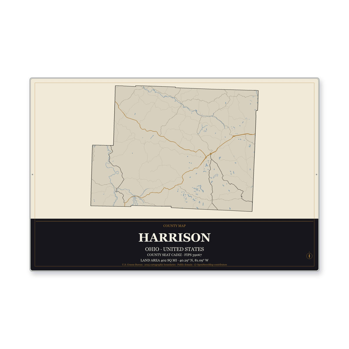 Harrison County, Ohio Map Aluminum Sign in Museum Plaque style