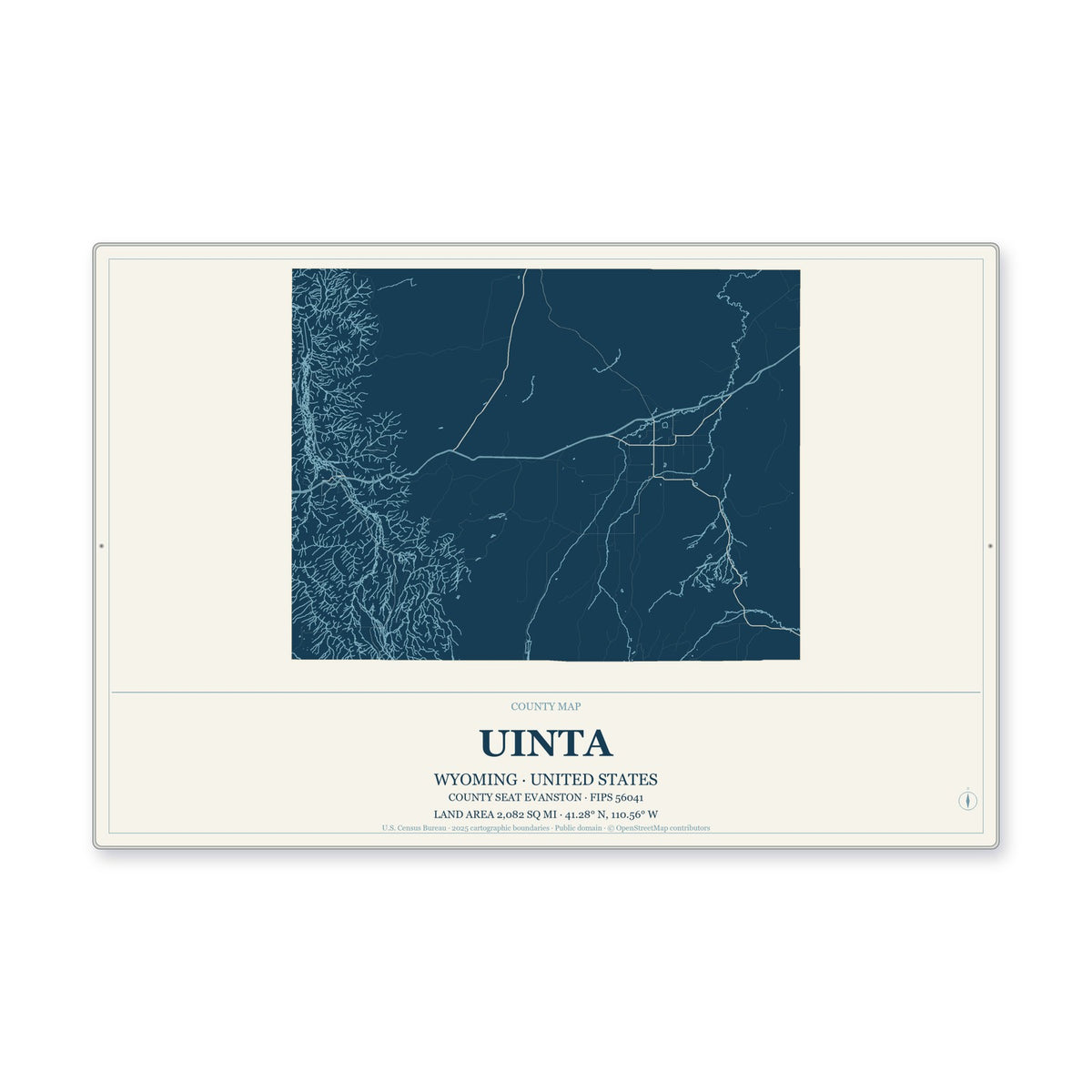 Uinta County, Wyoming Map Aluminum Sign in Coastal Cutout style