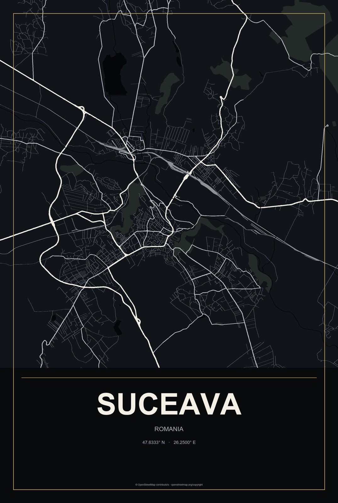 Suceava, Romania City Map Aluminum Sign in Metropolitan Noir style