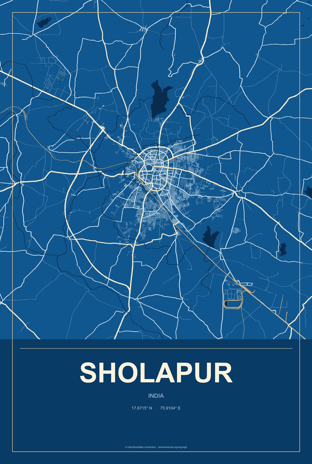 Sholapur, India City Map Aluminum Sign in Harbor Cobalt style