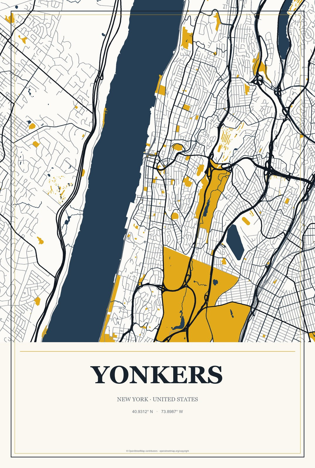Yonkers, New York City Map Aluminum Sign in Citrine Modern style