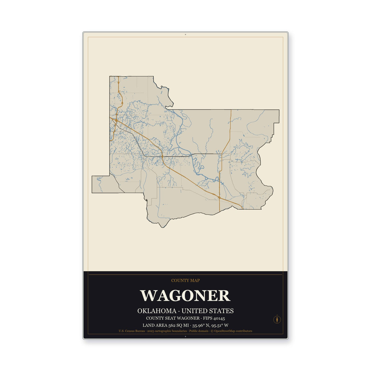 Wagoner County, Oklahoma Map Aluminum Sign in Museum Plaque style