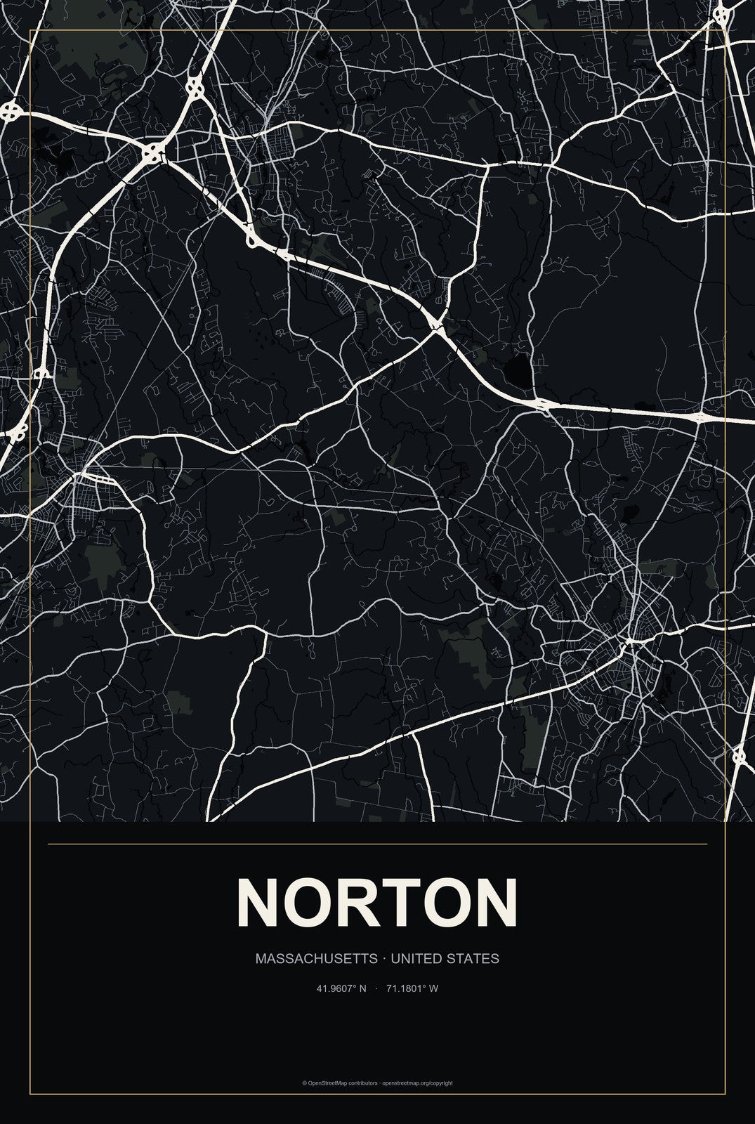 Norton, Massachusetts City Map Aluminum Sign in Metropolitan Noir style