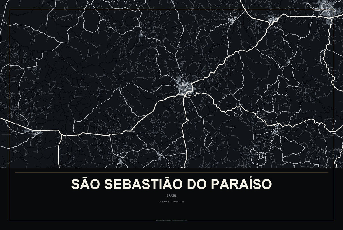 São Sebastião do Paraíso, Brazil City Map Aluminum Sign in Metropolitan Noir style