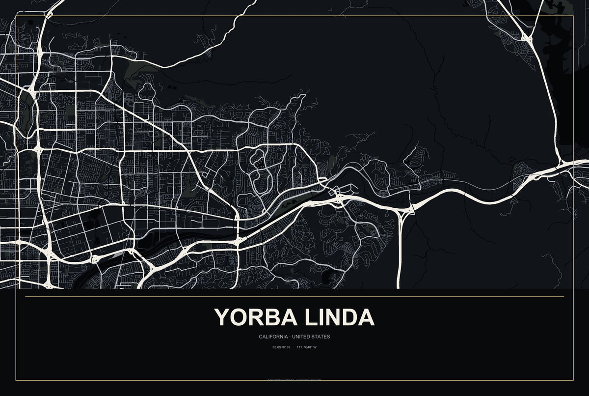 Yorba Linda, California City Map Aluminum Sign in Metropolitan Noir style