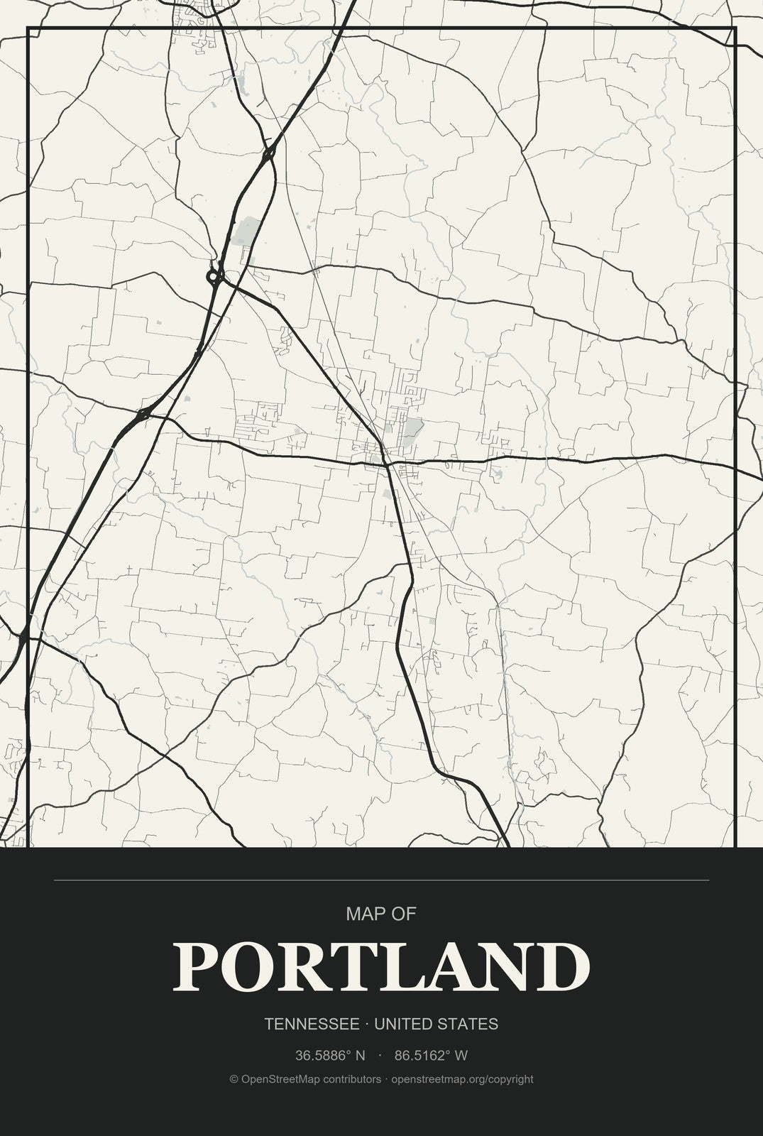 Portland, Tennessee City Map Aluminum Sign in Museum Plaque style