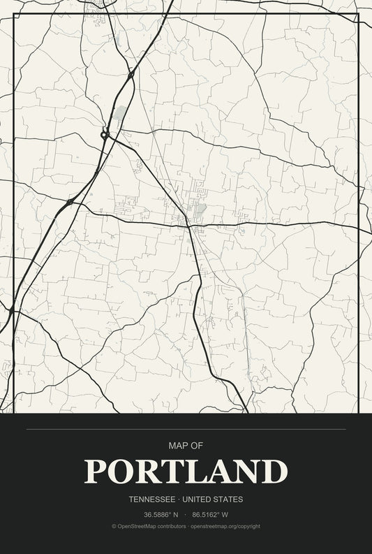 Portland, Tennessee City Map Aluminum Sign in Museum Plaque style