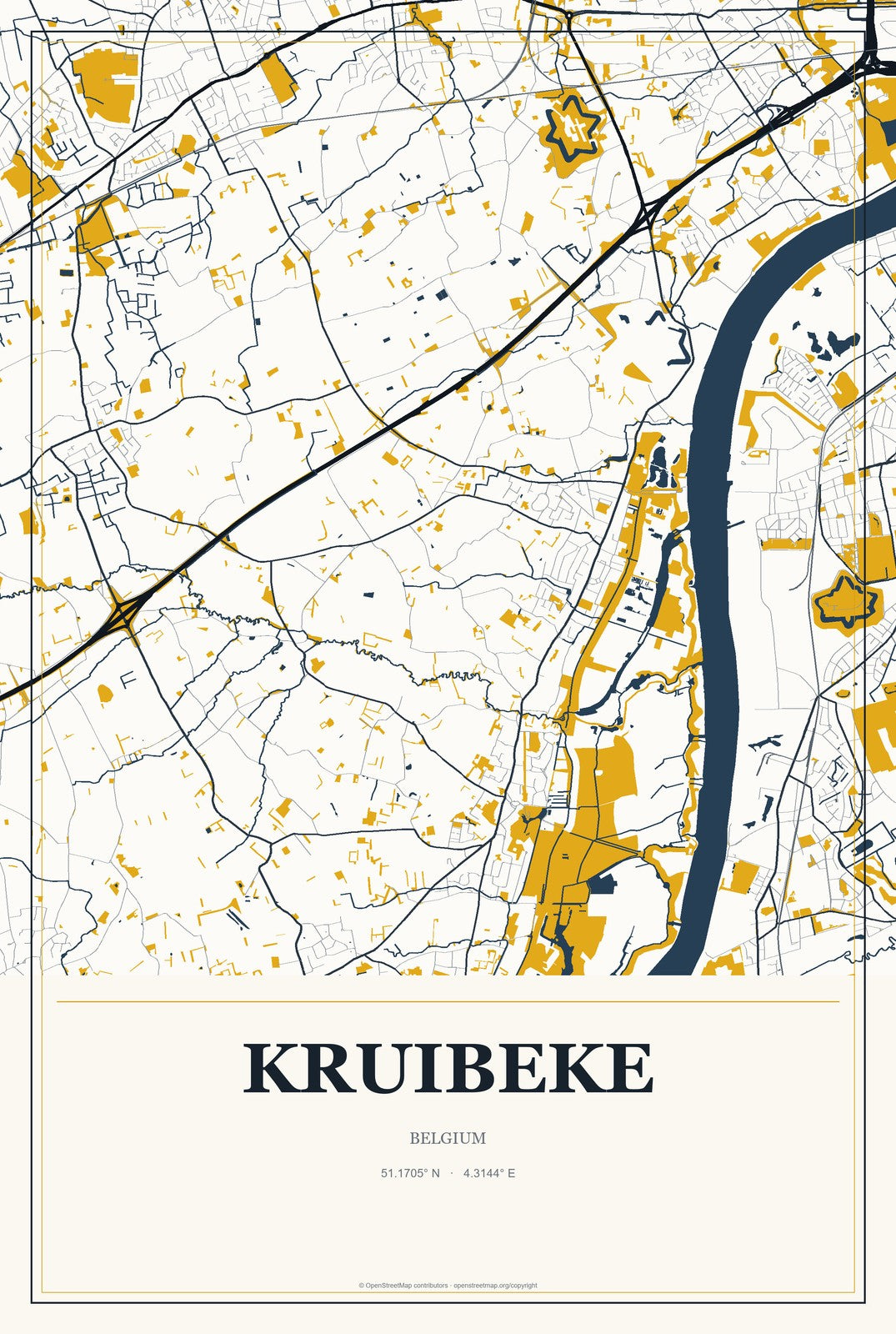 Kruibeke, Belgium City Map Aluminum Sign in Citrine Modern style