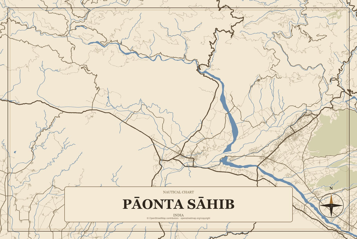 Pāonta Sāhib, India City Map Aluminum Sign in Heritage Nautical style