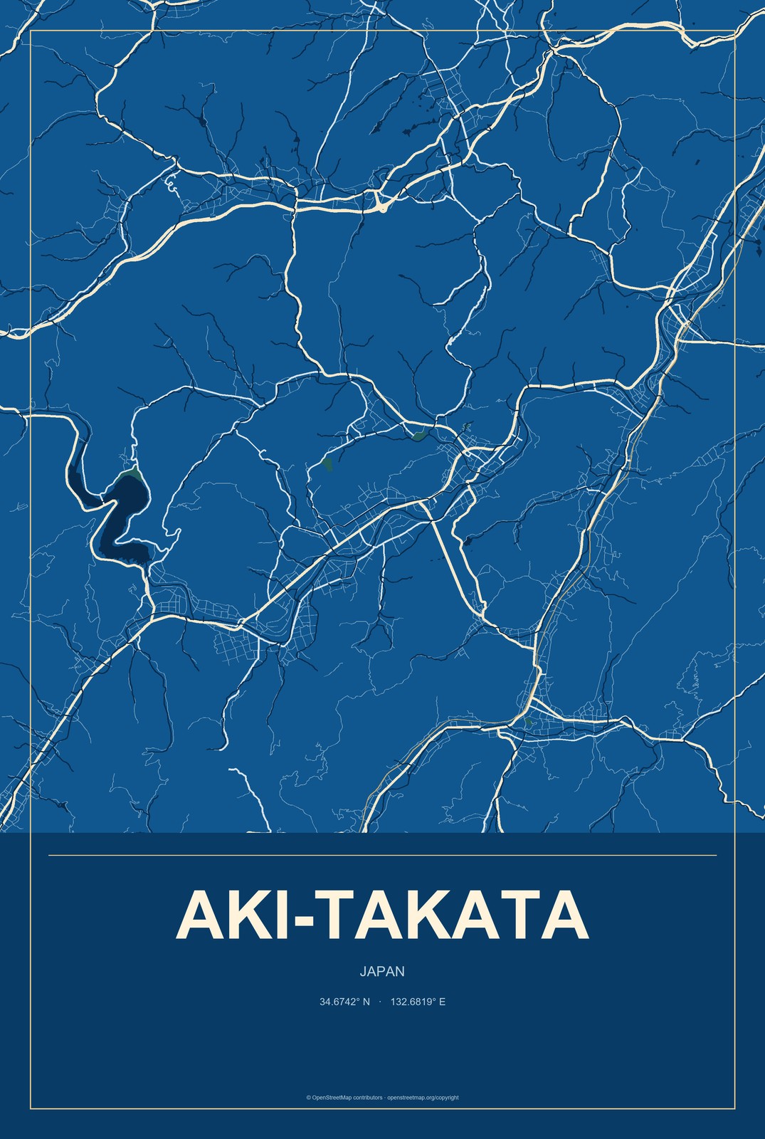 Aki-takata, Japan City Map Aluminum Sign in Harbor Cobalt style