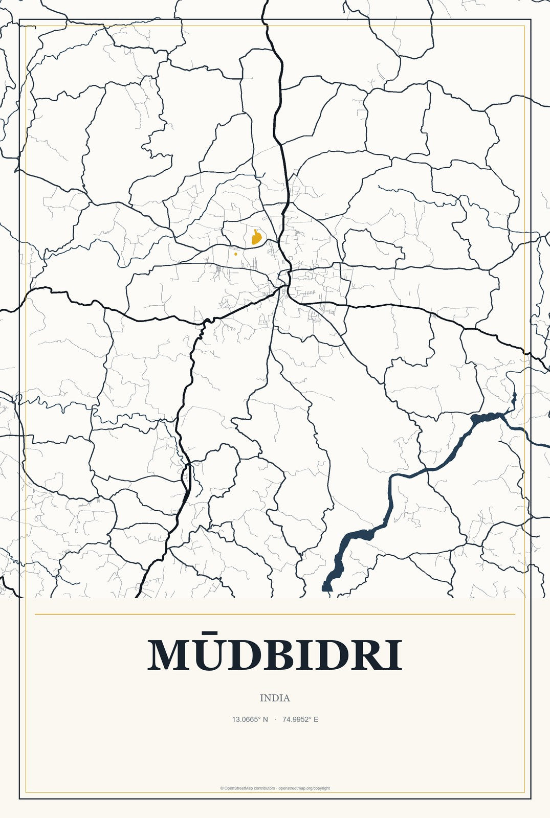 Mūdbidri, India City Map Aluminum Sign in Citrine Modern style