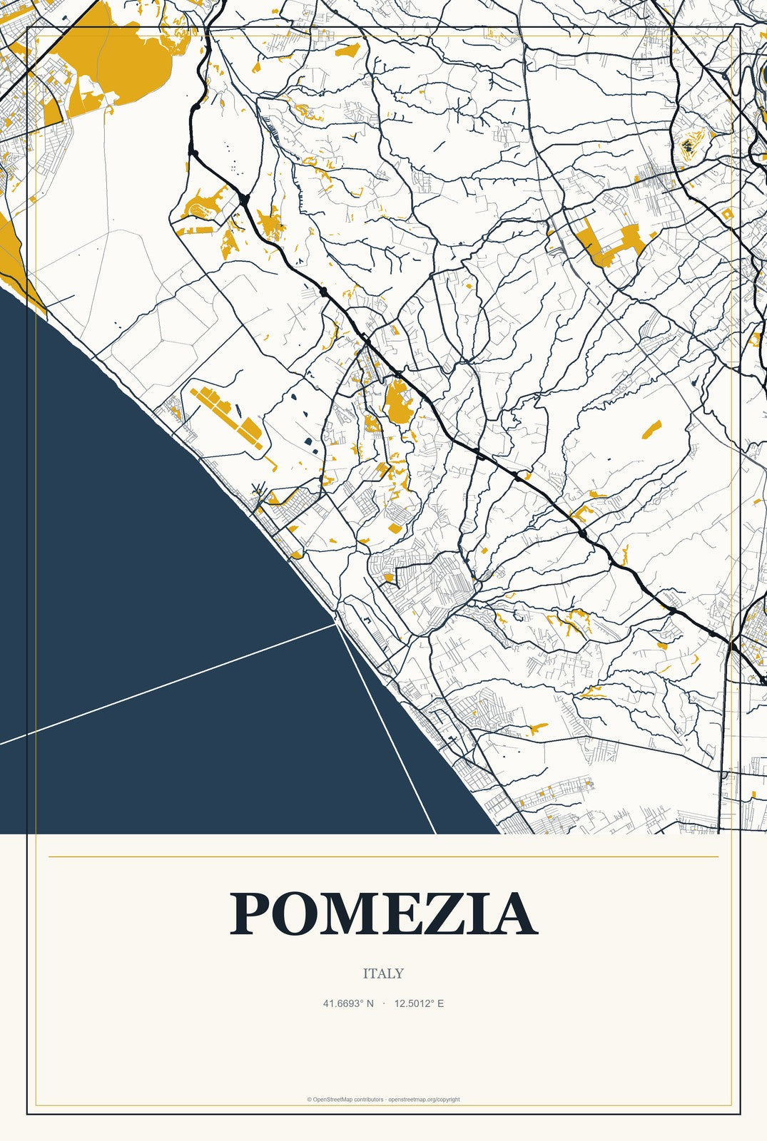 Pomezia, Italy City Map Aluminum Sign in Citrine Modern style