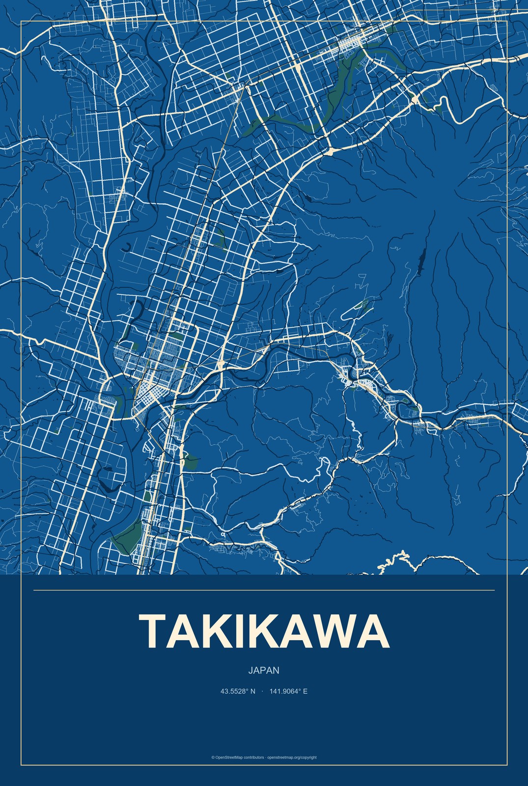 Takikawa, Japan City Map Aluminum Sign in Harbor Cobalt style