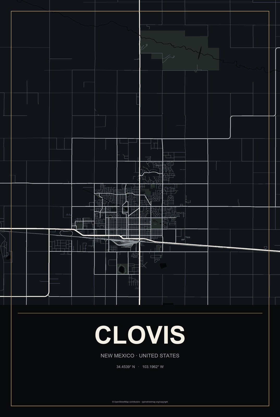 Clovis, New Mexico City Map Aluminum Sign in Metropolitan Noir style