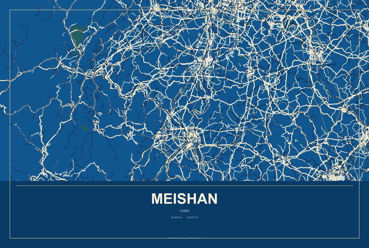 Meishan, China City Map Aluminum Sign in Harbor Cobalt style