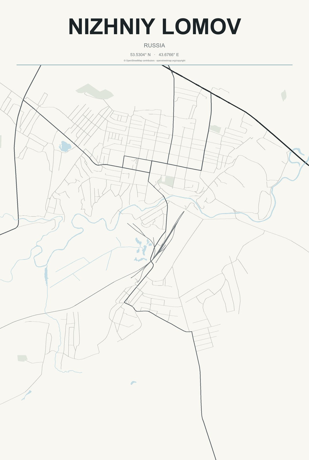 Nizhniy Lomov, Russia City Map Aluminum Sign in Headline Atlas style