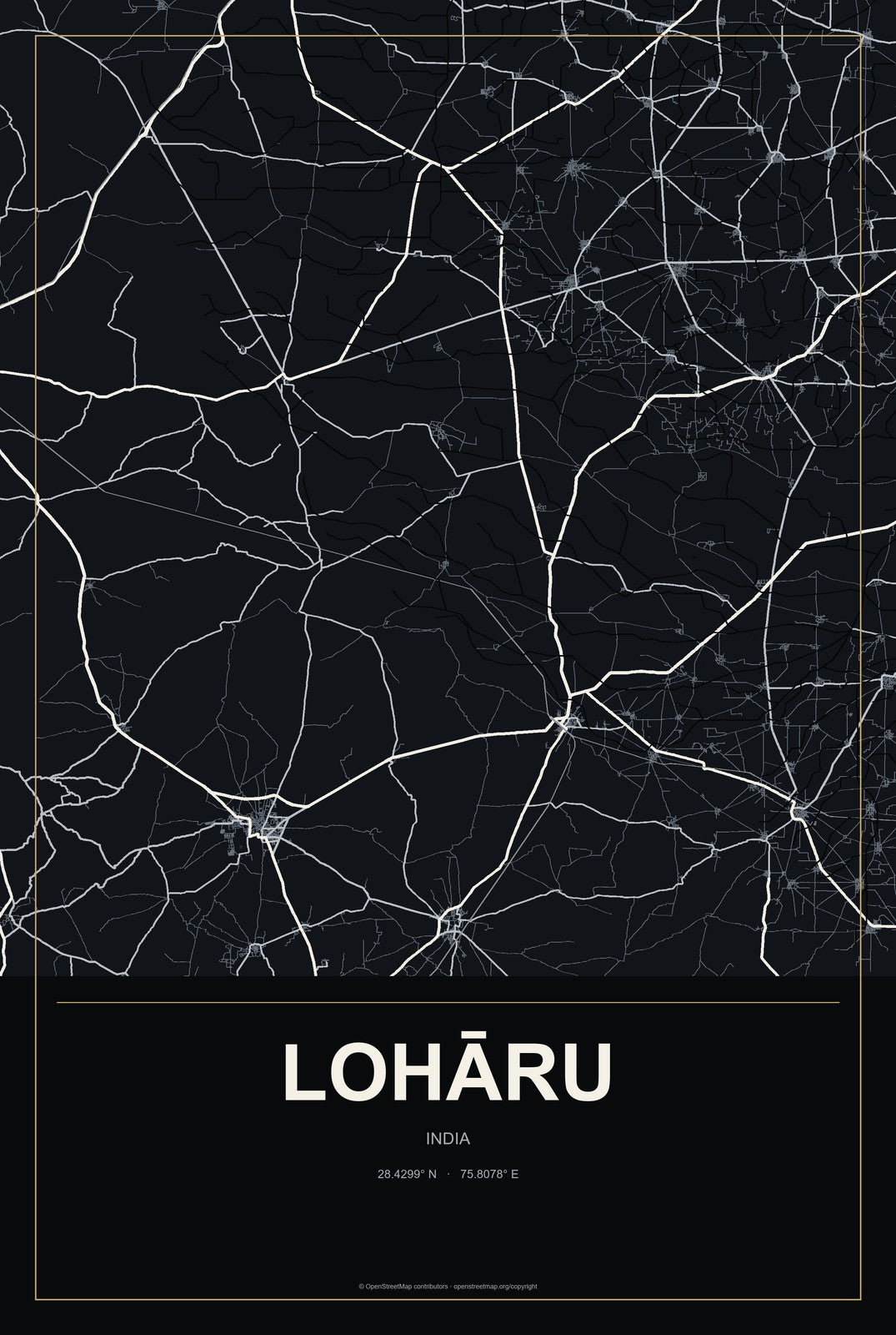 Lohāru, India City Map Aluminum Sign in Metropolitan Noir style