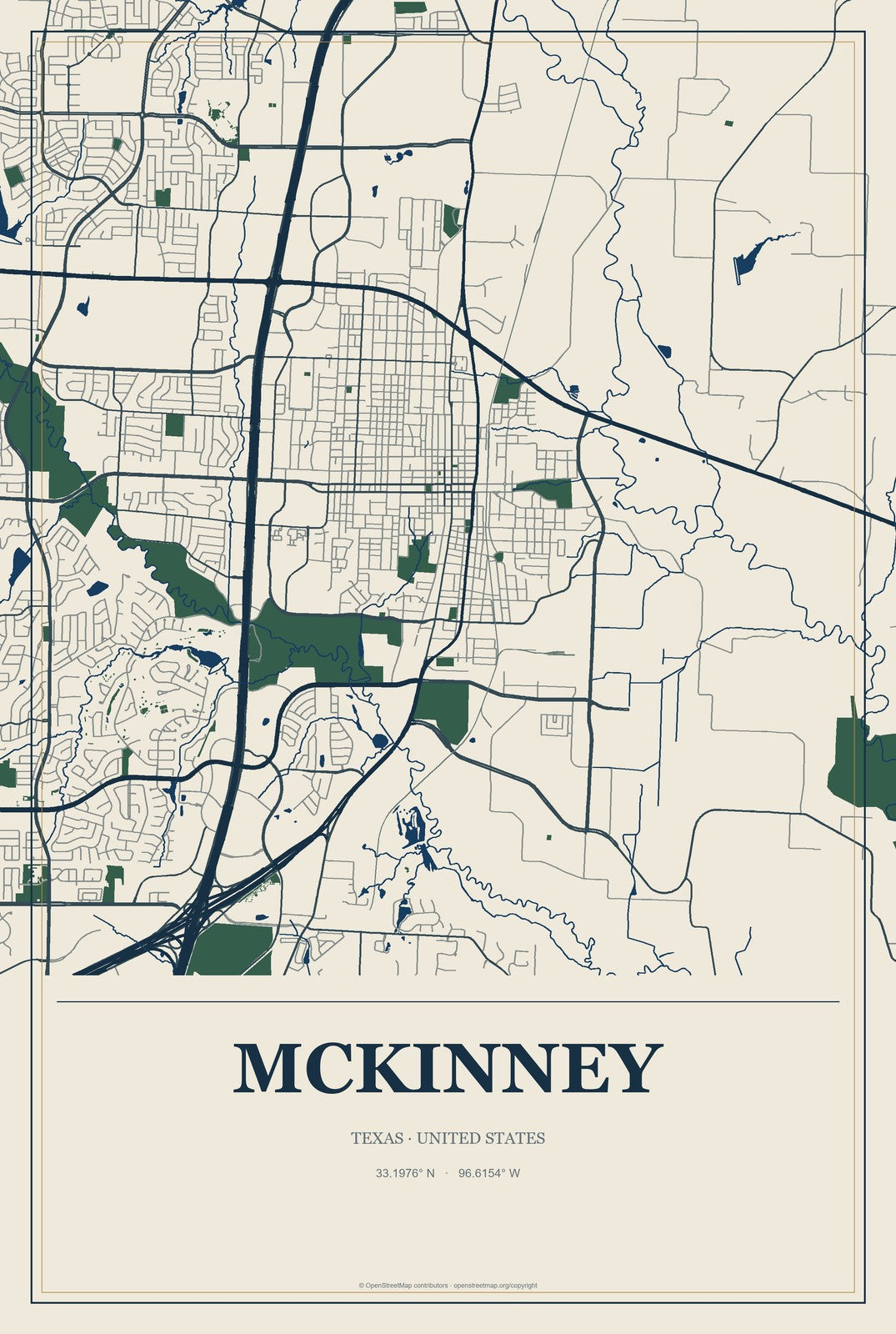 McKinney, Texas City Map Aluminum Sign in Coastal Cutout style