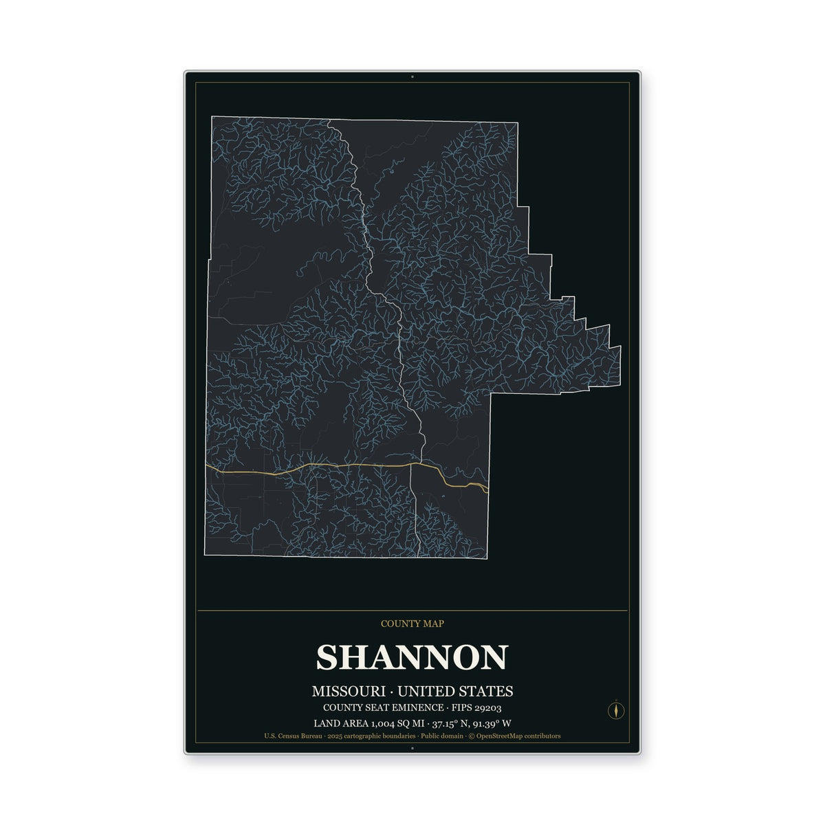 Shannon County, Missouri Map Aluminum Sign in Metropolitan Noir style